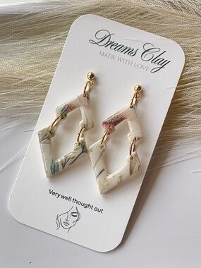 Floral Cream Geometric Dangle Earrings